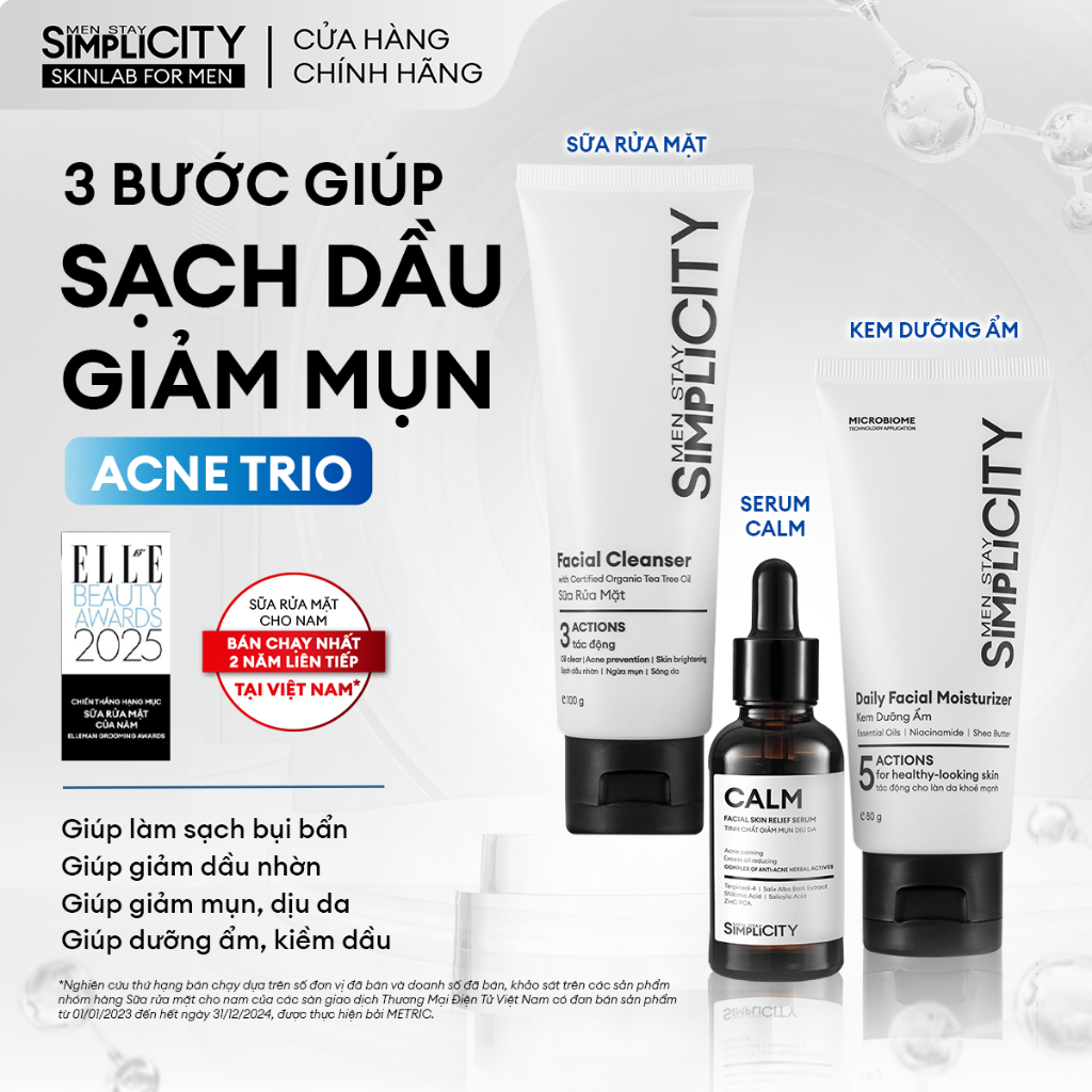 Combo Acne Trio chăm da dầu mụn cho nam Men Stay Simplicity: Sữa rửa mặt 100g, Serum Calm 30ml, Kem dưỡng ẩm 80g