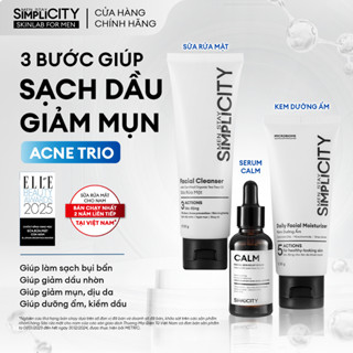 Combo Acne Trio chăm da dầu mụn cho nam Men Stay Simplicity: Sữa rửa mặt 100g, Serum Calm 30ml, Kem dưỡng ẩm 80g