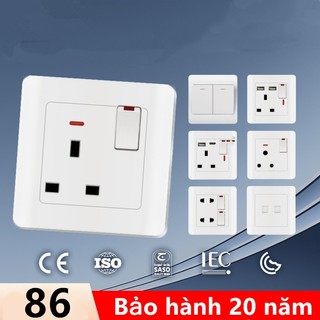 Công tắc và ổ cắm tường hiện đại,Trắng 86 mm, công tắc 1/2/3, một chiều và hai chiều, 2-3 ổ cắm, 25A và 45A