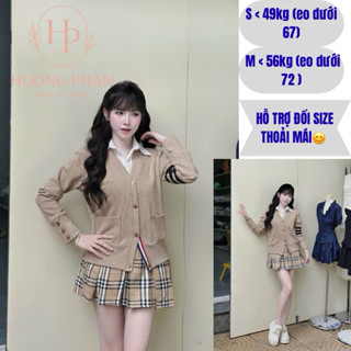 Set Áo Len Cardigan Nữ Mix Sơ Mi Trắng + Váy Ngắn Caro Hàn Quốc