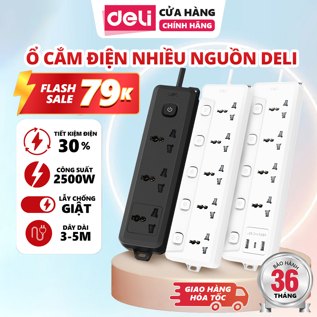 Ổ Điện Deli 2025 Ổ Cắm Điện Đa Năng Để Bàn Mẫu Mới Công Suất 2500W, Thông Minh Tích Hợp Cổng USB