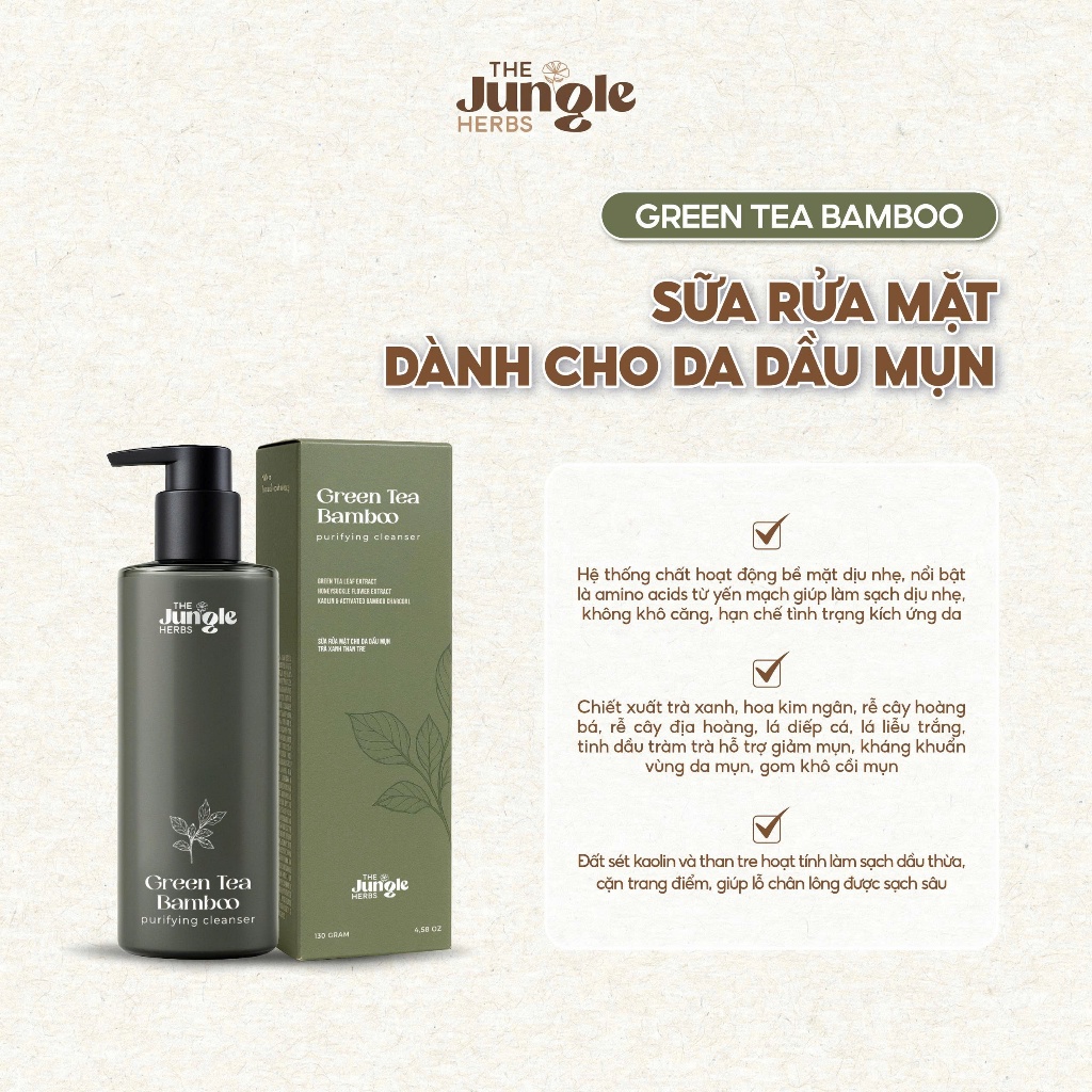 Sữa rửa mặt giảm dầu mụn trà xanh than tre Green Tea Bamboo - The Jungle Herbs - 130G [Bản mới]