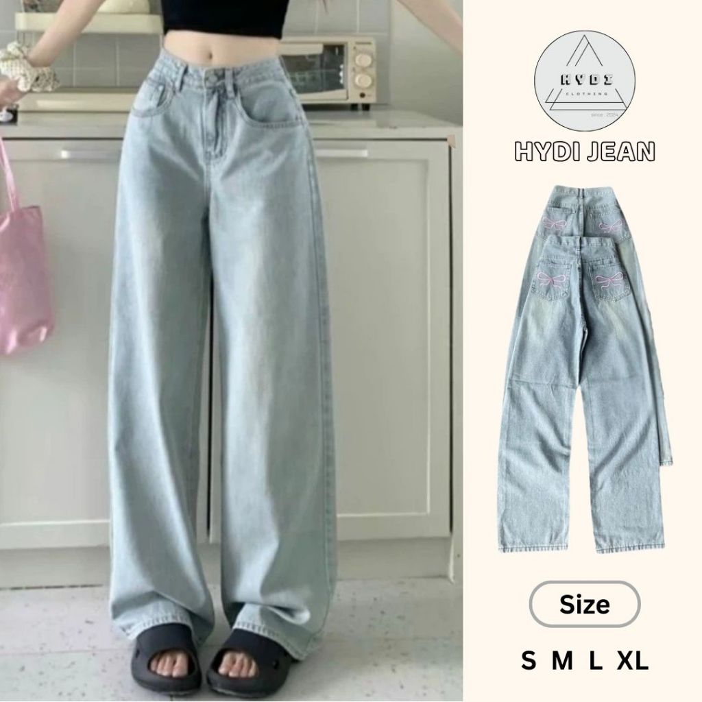 Quần jean nữ ống suông nữ HIDY thêu nơ hồng xinh xắn  quần bò ống rộng chất mềm mịn basic dễ phối đồ