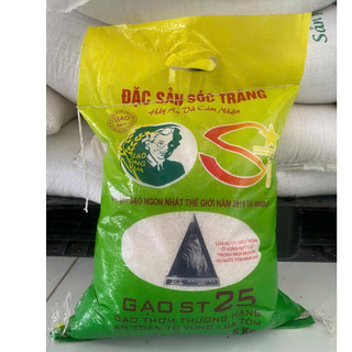 Gạo ST25 chính hãng hạt cơm dẻo thơm mềm cơm, đặc sản Sóc Trăng. Túi 5kg