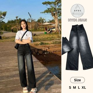 Quần jean ống rộng nữ HYDI đen Wash bạc trẻ trung năng động , quần bò ống suông chất jean mềm mịn