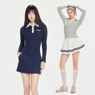 RECHIC Áo kiểu Halcy tay dài phối cổ V polo dáng ôm body năng động trẻ trung