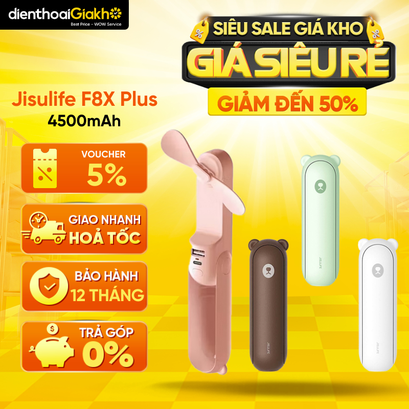 Quạt Cầm Tay 3 in 1 JISULIFE F8X Plus 4500mAh Tích Hợp Sạc Dự Phòng - Đèn Pin - Bảo Hành 12 tháng