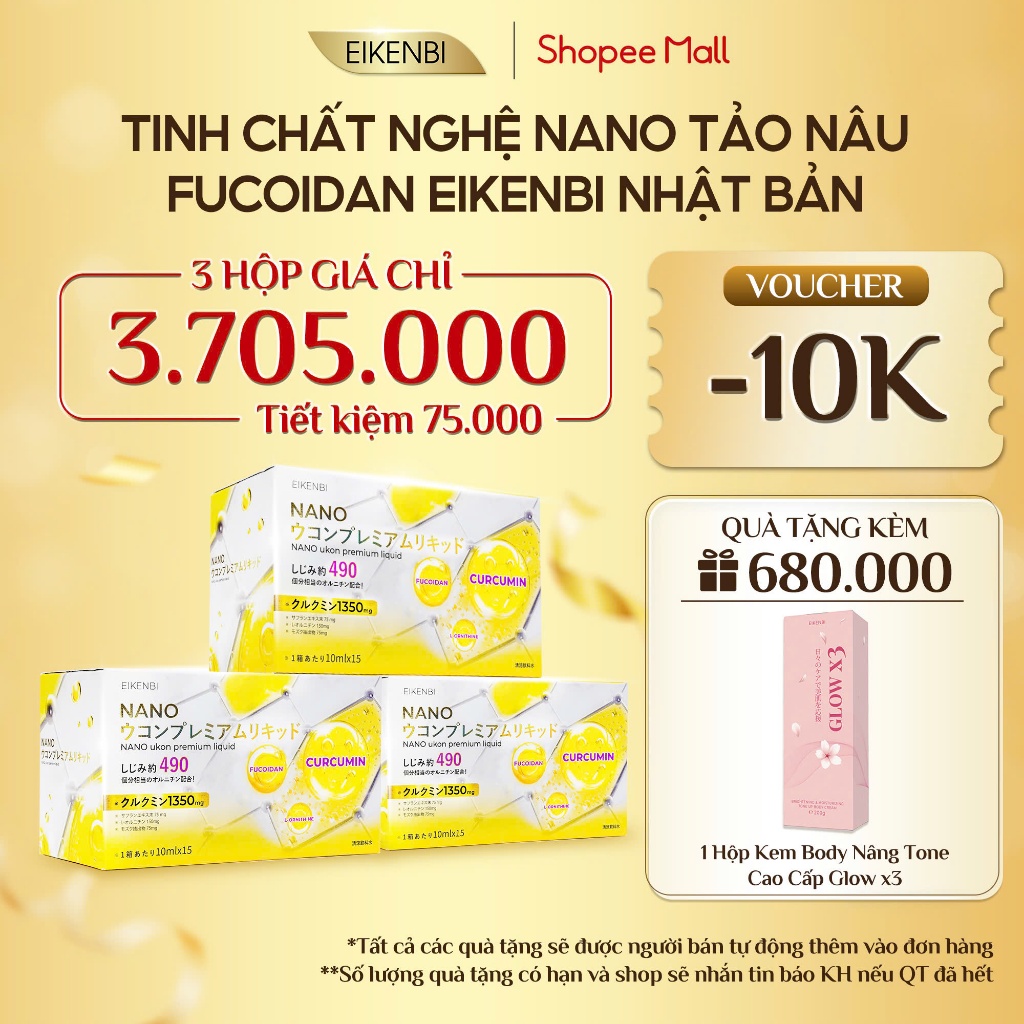 COMBO 3 HỘP - TPBS Nghệ Nano Tảu Nâu Fucoidan - Nano Ukon Premium Liquid Eikenbi Nhật Bản - Hộp 15 ố
