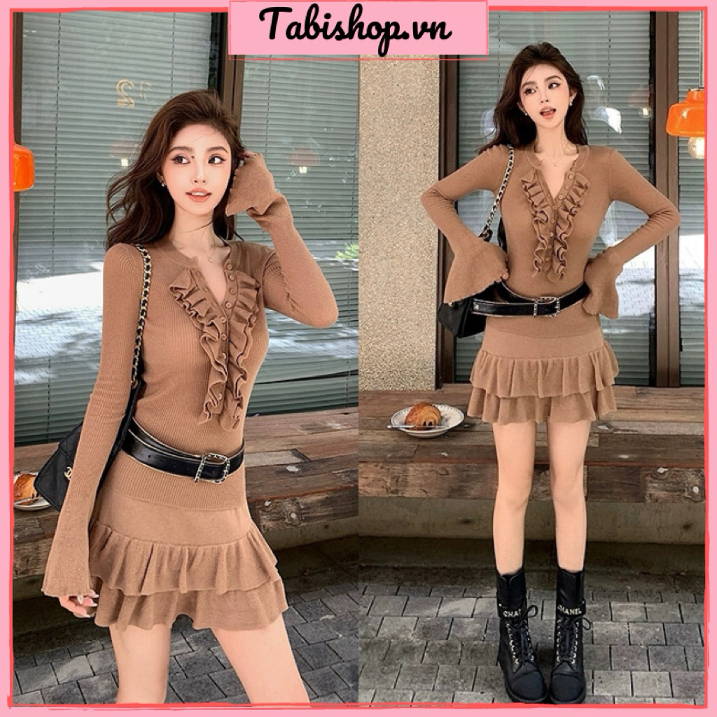 Set áo body tay loe cổ bèo phối chân váy xếp tầng TABISHOP Set Váy body nữ tôn dáng mặc đi dạo đi chơi đi tiệc(206) | BigBuy360 - bigbuy360.vn