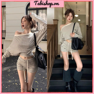  Set áo lệch vai sọc ngang phối quần đùi ngắn ôm sát TABISHOP Set đồ nữ sang chảnh sexy mặc đi dạo đi chơi 238  