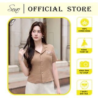  SONO - Áo linen cổ danton họa tiết thêu nắp túi trẻ trung 