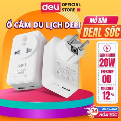 Ổ Cắm Điện Deli, Ổ Cắm Chia Điện, Ổ Du Lịch Kèm USB, TypeC Sạc Nhanh 20W Mẫu Mới 2026