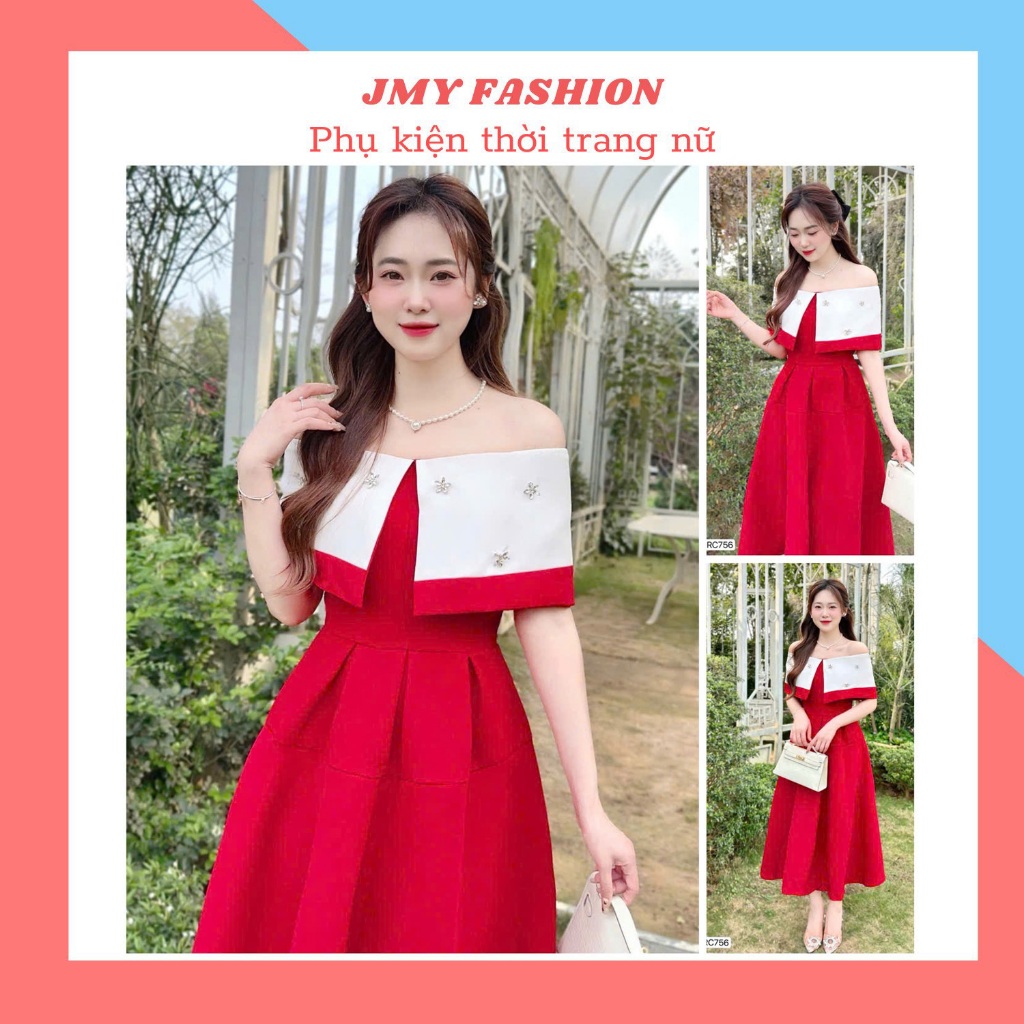 RC756 Váy đỏ dáng dài trễ vai phối cape trắng thêu hoa sang trọng thanh lịch [TH RENCY]