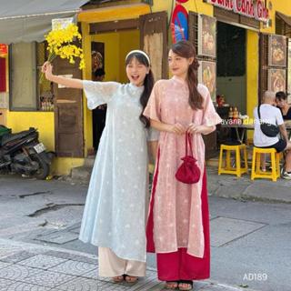   HAVANA  CÓ BIGSIZE - Áo dài voan tơ BẠCH LIÊN in họa tiết lá sen trắng phối cổ viền bèo cách điệu kèm quần Satin AD189 