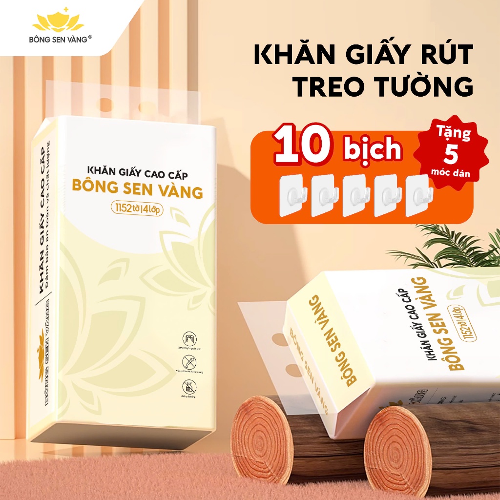 Thùng 10 bịch Khăn Giấy Rút Treo Tường Bông Sen Vàng 1152 Tờ, Tặng Kèm 5 Móc Treo Tường