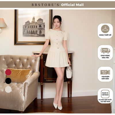 BBSTORE'S Đầm Xòe Dự Tiệc Tay Phồng Tùng Váy Xếp Ly Cut Out Vai Chất Linen Gân - D4234A