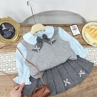  Sét V6 Ghi Nơ Bộ Đồ Bé Gái 3 Chi Tiết Áo Sơ Mi Dài Tay Bé Gái Kèm Áo Ghile + Chân Váy Xếp Ly Chất Mềm Mịn Từ 8-35kg 