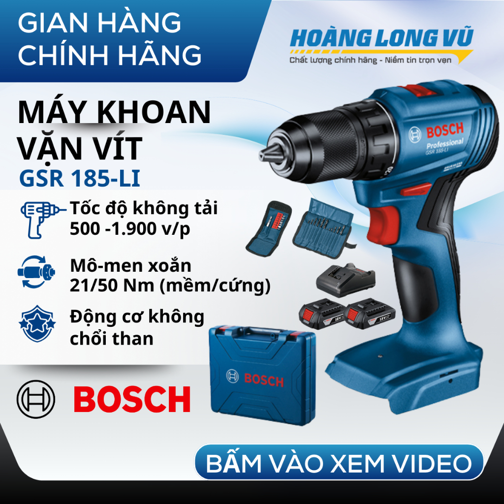 Máy khoan vặn vít động lực dùng pin GSR 185-LI BOSCH, không chổi than, khoan bắt vít lực siết mạnh