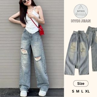 Quần jean nữ ống suông HYDI rách gối phong cách năng động cá tính chất jean mịn lưng cao chuẩn from