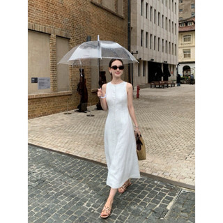  ĐẦM LINEN CỔ TRÒN 2 LỚP CÚC BỌC DÁNG DÀI 130CM KHOÁ KÉO SAU PHONG CÁCH MÙA THU NHẸ NHÀNG NỮ TÍNH 