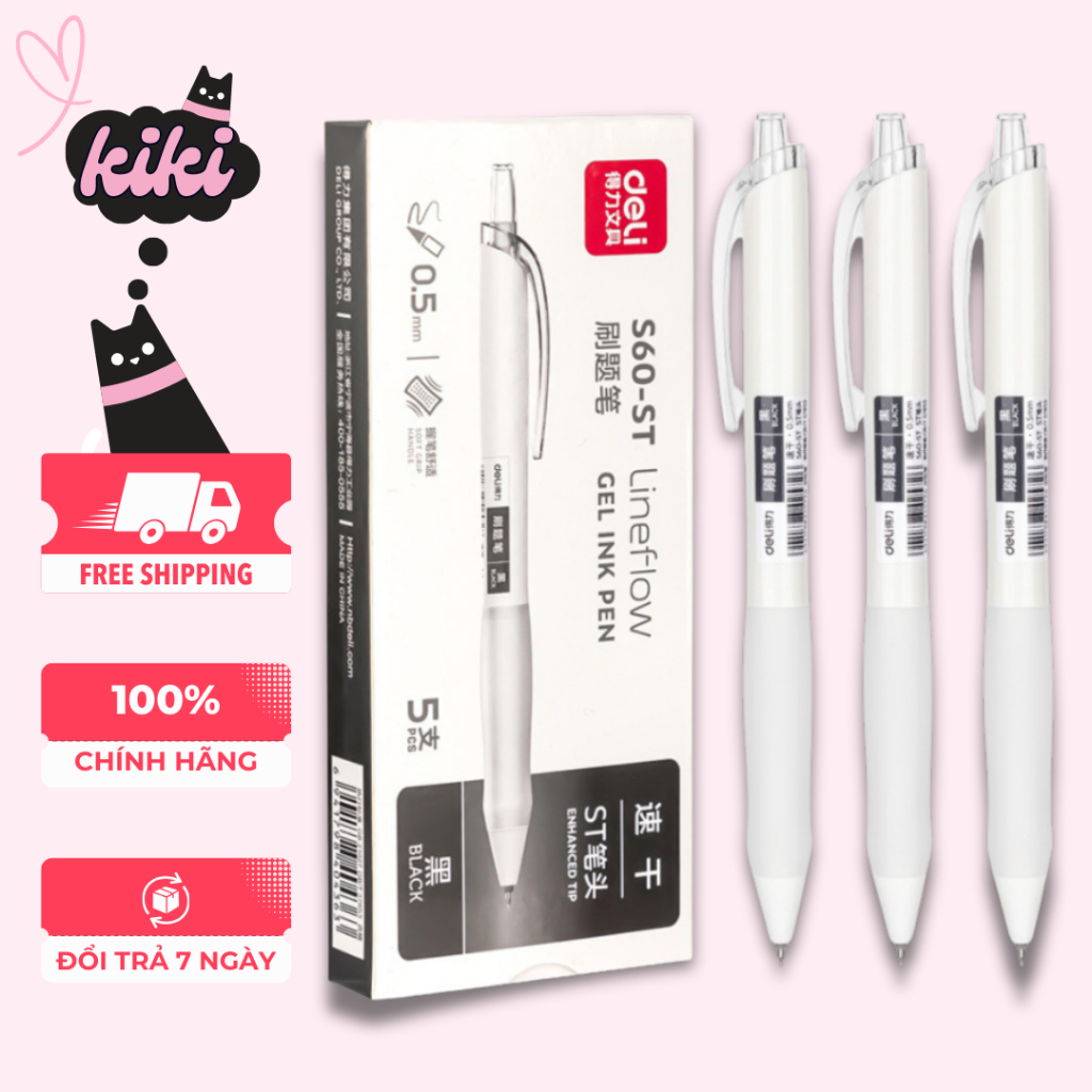 [Combo 5 Bút] Bút Bi Gel Bấm,  Bi Nước Màu Đen Nhanh Khô Deli S60-ST Ngòi 0.5mm