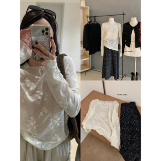 mie studio - /WGWE/ #w7350 Áo trắng ren mỏng dài tay hoạ tiết hoa