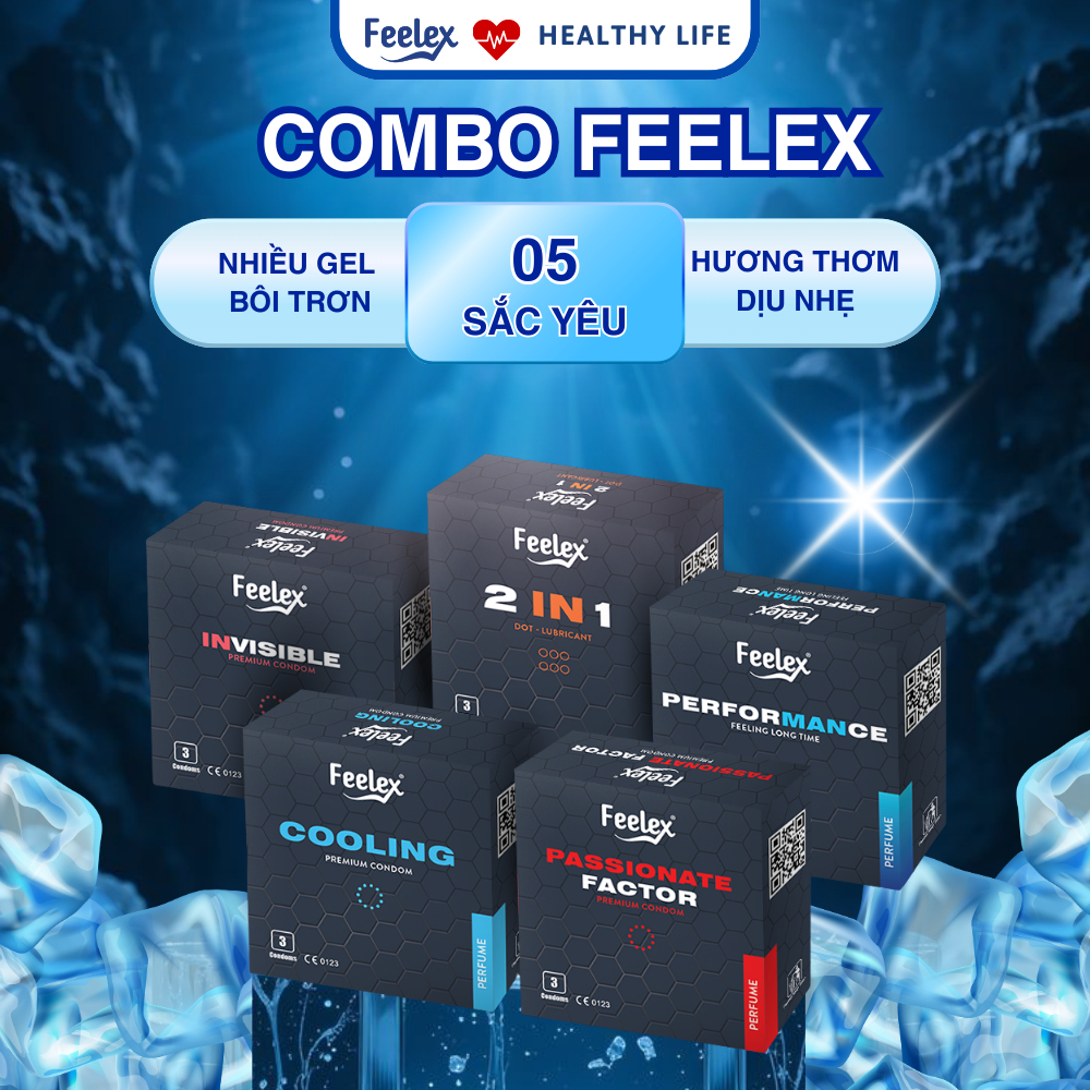  Bao cao su Feelex Combos Yêu Đủ Vị - Trọn 5 sắc yêu Gân Gai Kéo Dài Siêu Mỏng Nóng Lạnh 