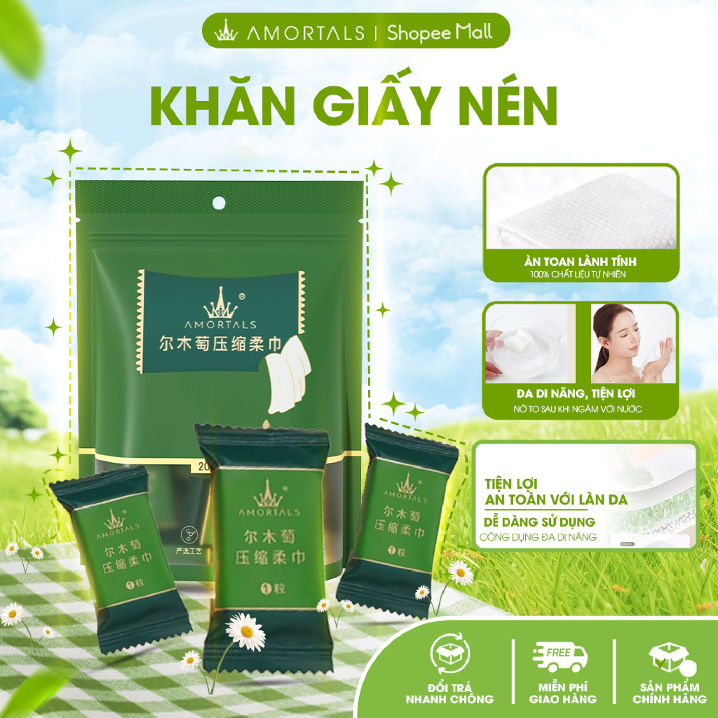 Bịch 5 khăn nén Amortals - khăn mặt dùng 1 lần đi chơi, du lịch tiện lợi