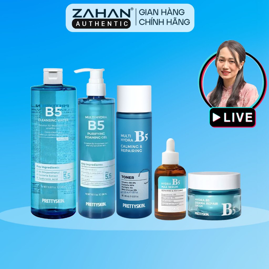 Combo phục hồi Hydra B5 Prettyskin gồm tẩy trang B5, toner B5, gel rửa mặt B5, kem dưỡng B5, serum B