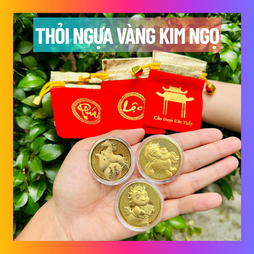 [SIÊU HÓT] Thỏi Ngựa Vàng Thần Tài May Mắn , Xu lá Ngựa Vàng + Túi Gấm Phúc Lộc