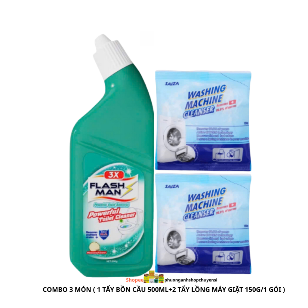 Combo Tẩy Bồn Cầu Flashman Tặng 2 Gói Bột Tẩy Lồng Máy Giặt Saiza 150g-Combo Gia Dụng Tiện Lợi