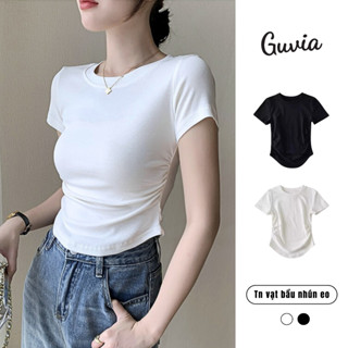 Áo Thun Nữ TAY NGẮN CỔ TRÒN VẠT BẦU NHÚN EO, Áo Thun Chất Borip Co Dãn Ôm Body GUVIA ADD30
