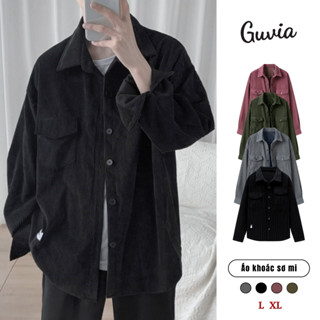 Áo Khoác Sơ Mi Nhung Tăm GẮN LOGO Nam Nữ Kiểu Basic Dài Tay, Áo Oversize Nhiều Màu GUVIA AKN03