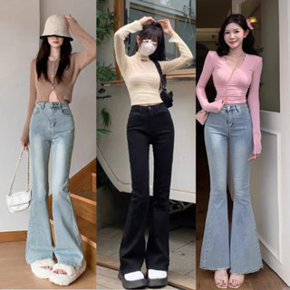Quần jeans MIAA nữ basic ống loe co giãn lưng cao trơn Hottrend
