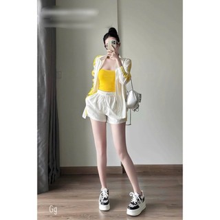 SÉT 3 MÓN Áo Sơ Mi Thể Thao TD Sọc + Áo Hai Dây Croptop + Quần Short Viền Sọc Lưng Chun