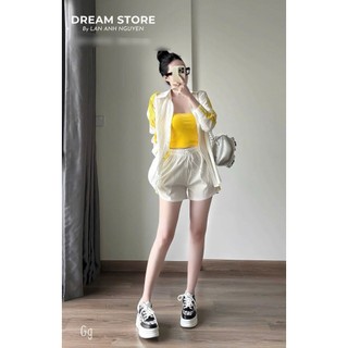 SÉT 3 MÓN Áo Sơ Mi Thể Thao TD Sọc + Áo Hai Dây Croptop + Quần Short Viền Sọc Lưng Chun