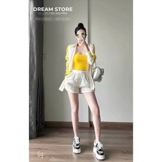 SÉT 3 MÓN Áo Sơ Mi Thể Thao TD Sọc + Áo Hai Dây Croptop + Quần Short Viền Sọc Lưng Chun