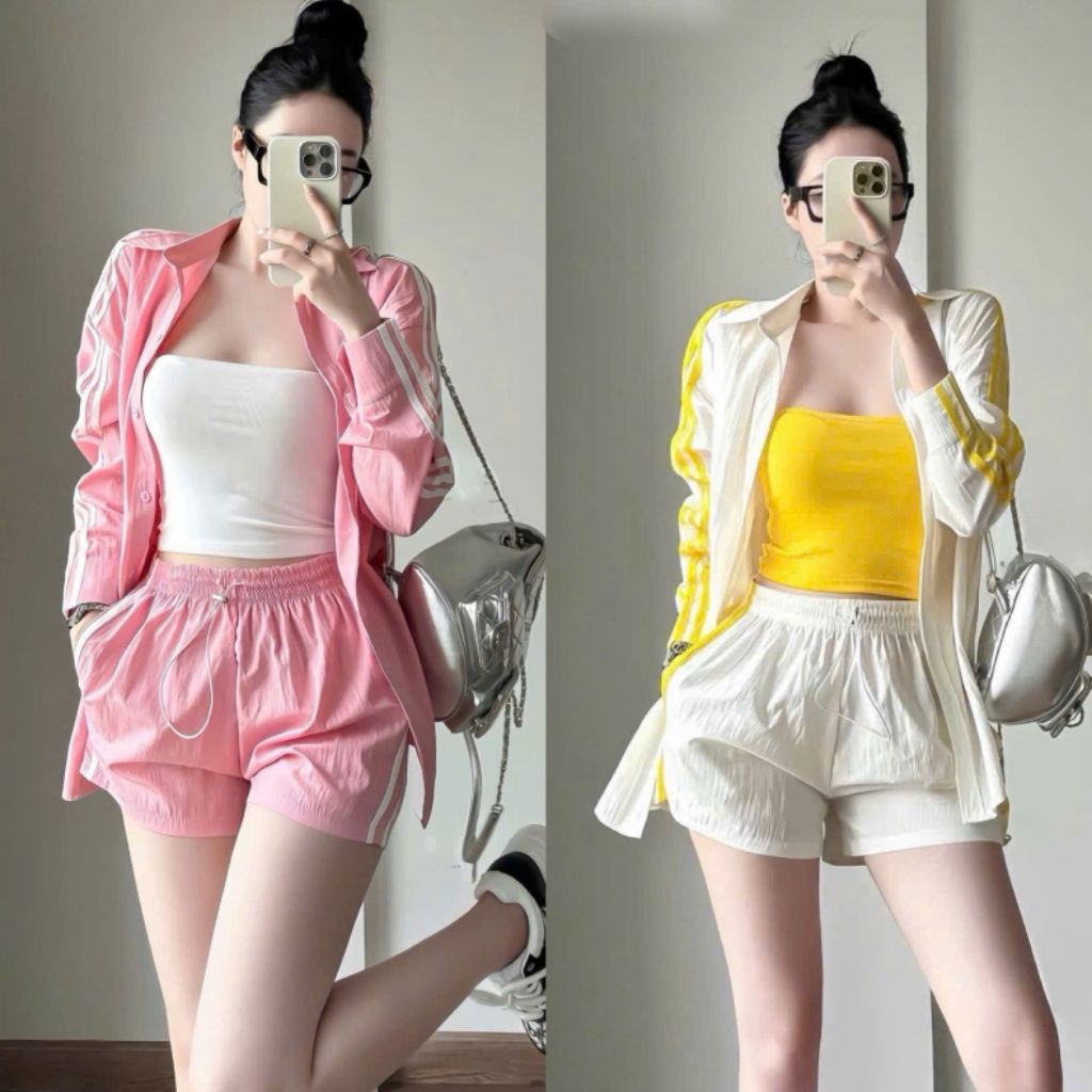 SÉT 3 MÓN Áo Sơ Mi Thể Thao TD Sọc + Áo Hai Dây Croptop + Quần Short Viền Sọc Lưng Chun