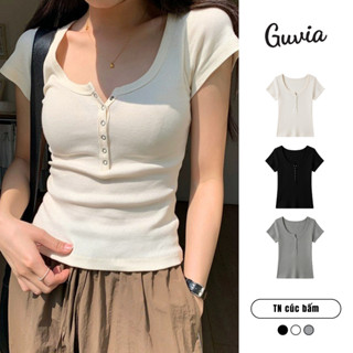 [Xả hàng] Áo Thun Nữ Tay Ngắn CÚC BẤM Cổ Vuông Chất Thun Gân Co Dãn Ôm Body Dáng Dài GUVIA ADD26