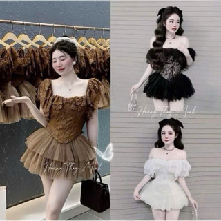  Set Bộ Đồ Nữ Áo Cánh Tiên Ren Croptop + Chân Váy Lưới 2 Tầng Có Lót Quần 
