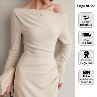  Váy dự tiệc lệch eo dáng dài ôm body đầm body nhún eo dài tay Logastore_L197 