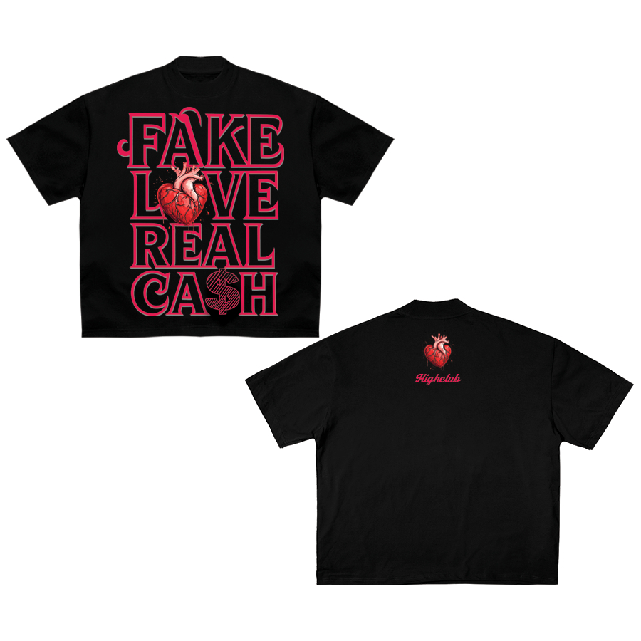 Áo thun FAKE LOVE REAL CASH - HIGHCLUB cổ tròn form oversize 2 màu TRẮNG/ ĐEN - Unisex