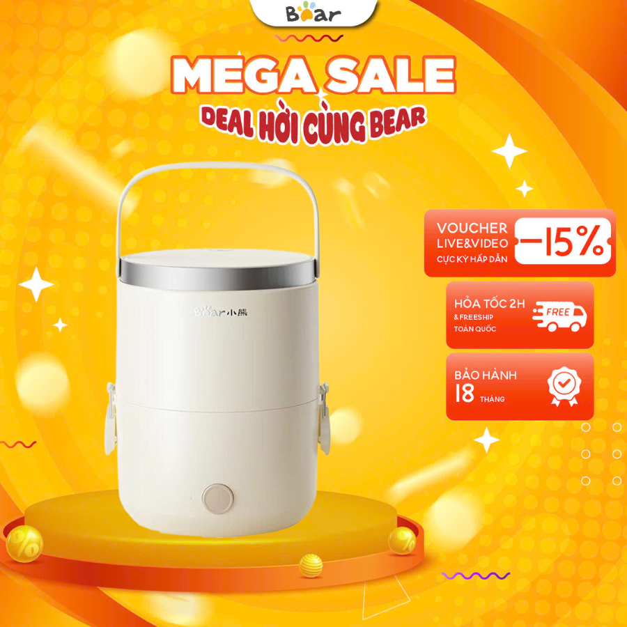  Hộp cơm cắm điện 1.5L Bear DFH-C15D2 270W Nấu cơm- Hấp- Hâm nóng thủy nhiệt Bảo Hành 18 Tháng 
