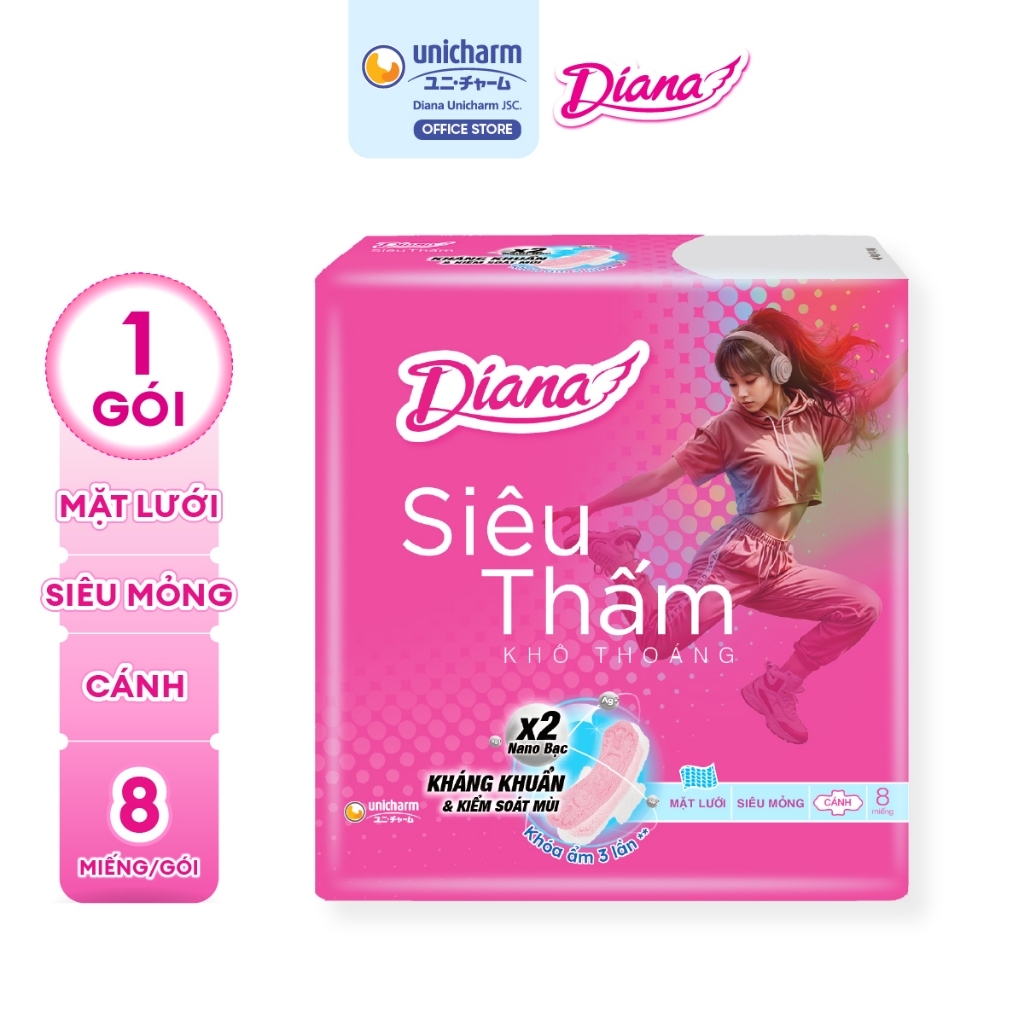 Băng vệ sinh Diana siêu thấm siêu mỏng cánh 23cm gói 8 miếng