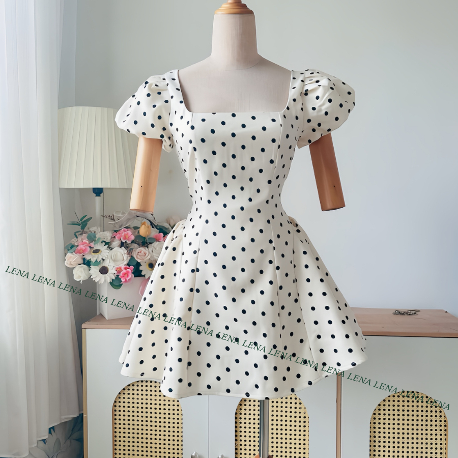 (Có Bigsize) LENA 3150 Đầm chấm bi tay phồng cổ vuông dáng xòe cột nơ lưng | BigBuy360 - bigbuy360.vn