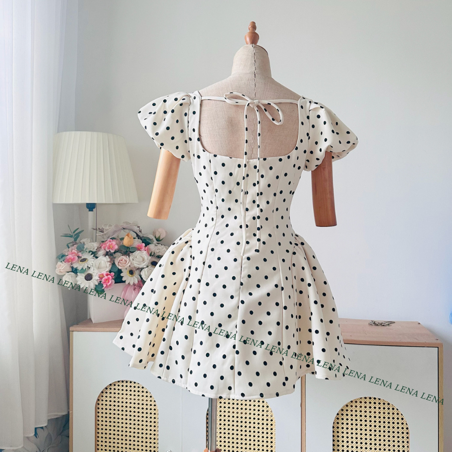 (Có Bigsize) LENA 3150 Đầm chấm bi tay phồng cổ vuông dáng xòe cột nơ lưng | BigBuy360 - bigbuy360.vn