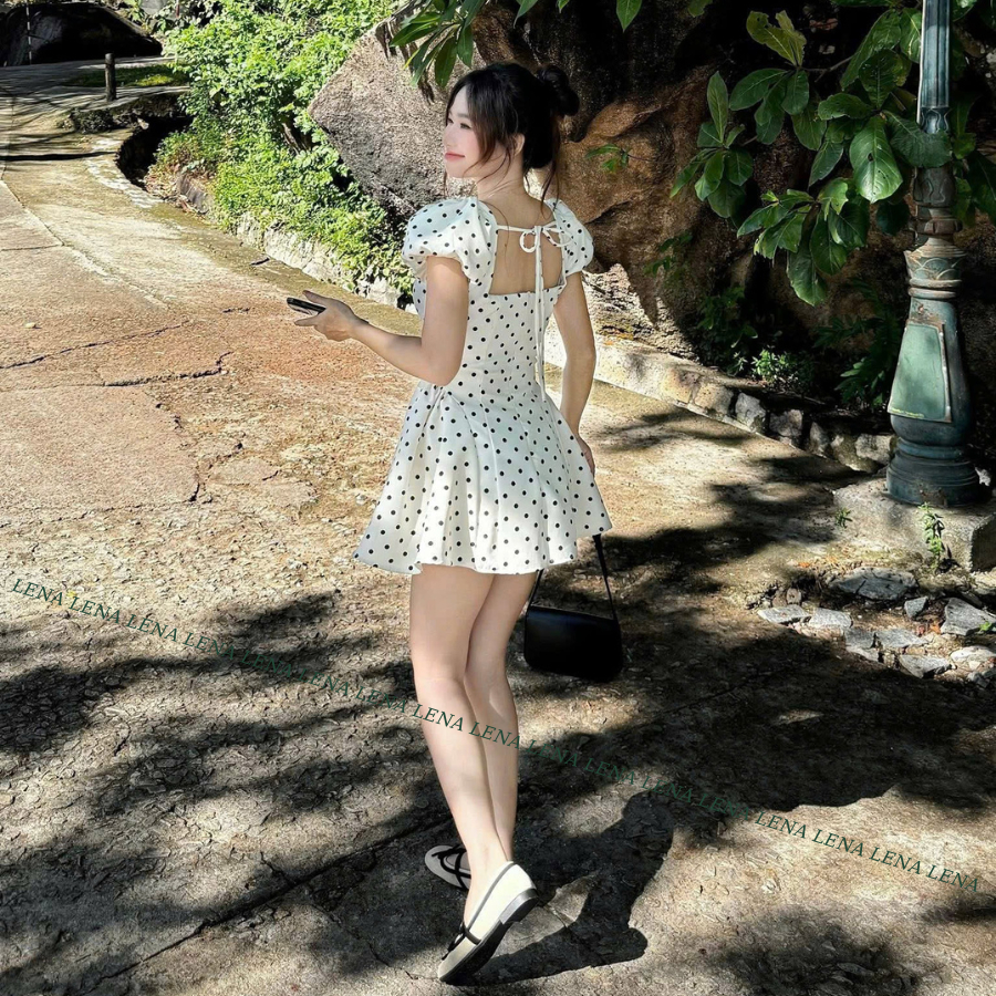 (Có Bigsize) LENA 3150 Đầm chấm bi tay phồng cổ vuông dáng xòe cột nơ lưng | BigBuy360 - bigbuy360.vn