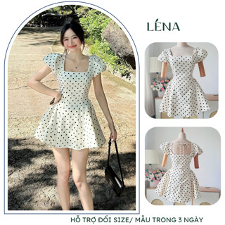   Có Bigsize  LENA 3150 Đầm chấm bi tay phồng cổ vuông dáng xòe cột nơ lưng 