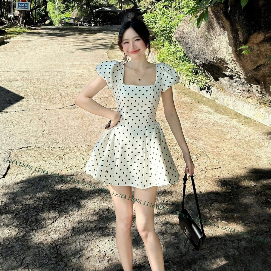 (Có Bigsize) LENA 3150 Đầm chấm bi tay phồng cổ vuông dáng xòe cột nơ lưng | BigBuy360 - bigbuy360.vn