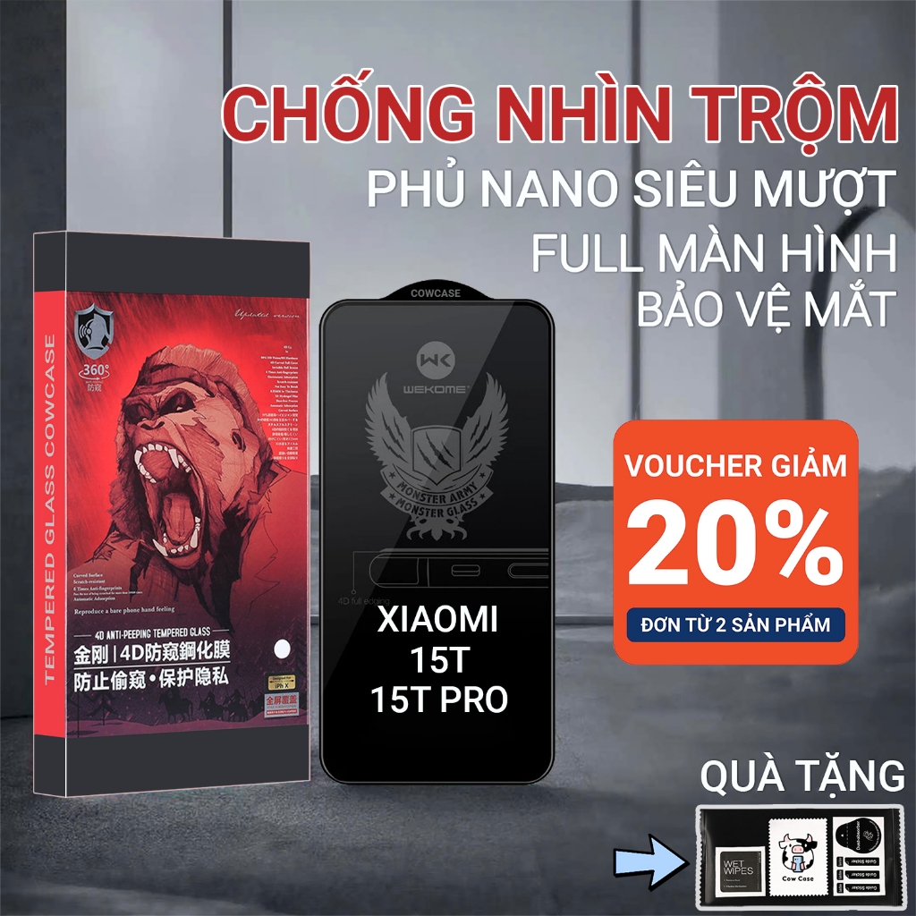 Cường lực Xiaomi 15T, 15T Pro Cow case chống nhìn trộm full màn | Miếng kính dán bảo vệ màn hình cho Xiaomi